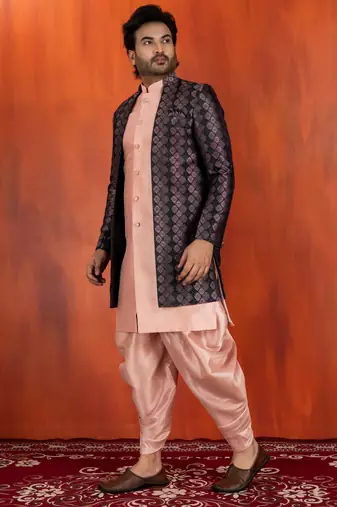 Silk blend pink jacquard open sherwani pink dhoti set for men with embroidered work