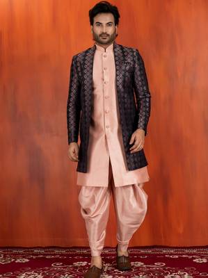 Silk blend pink jacquard open sherwani pink dhoti set for men with embroidered work 3