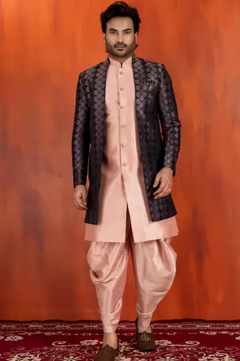 Silk blend pink jacquard open sherwani pink dhoti set for men with embroidered work