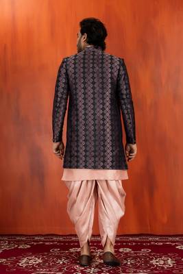 Silk blend pink jacquard open sherwani pink dhoti set for men with embroidered work 4