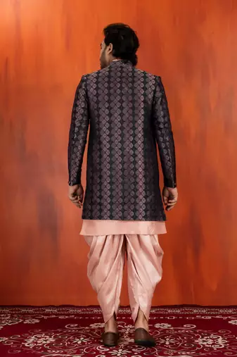 Silk blend pink jacquard open sherwani pink dhoti set for men with embroidered work