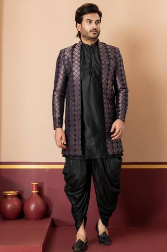 sherwani silk blend black kurta dhoti set for men with embroidered work