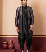 sherwani silk blend black kurta dhoti set for men with embroidered work