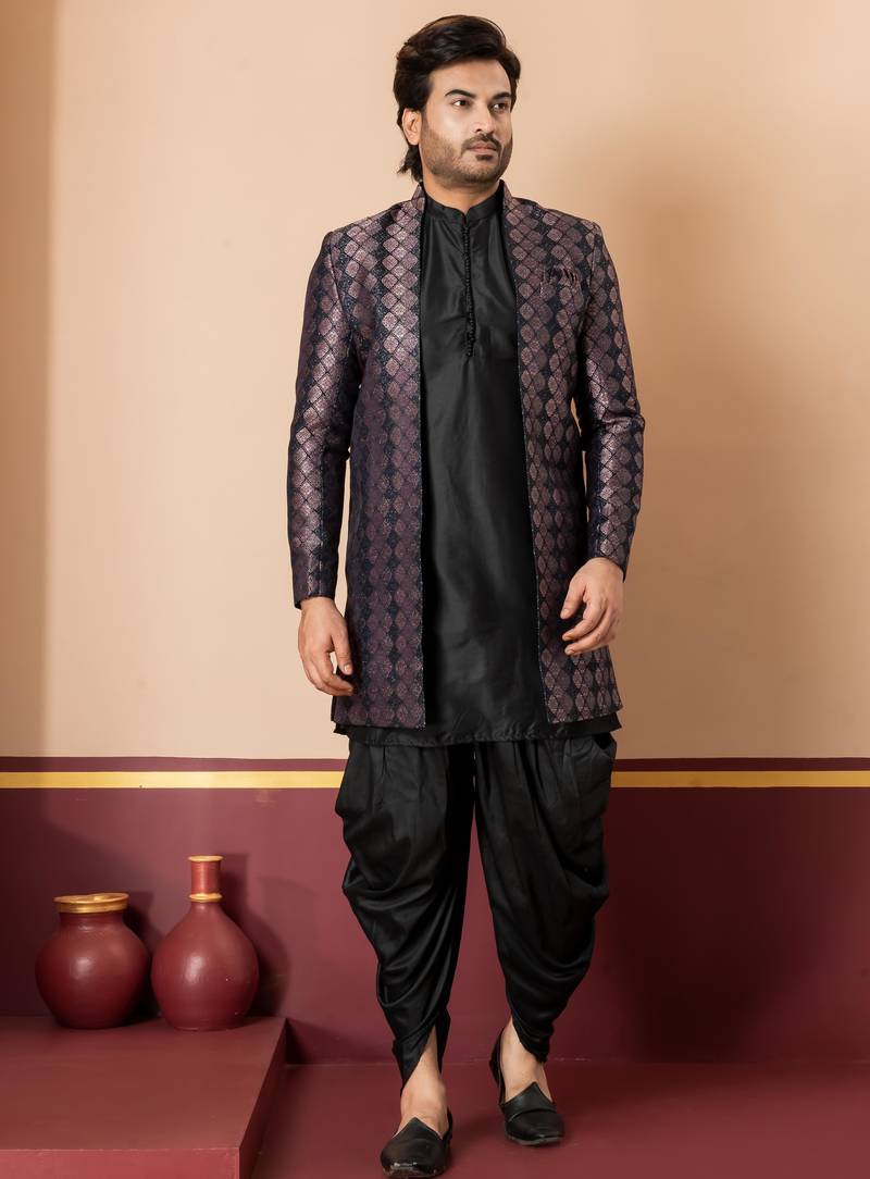 sherwani silk blend black kurta dhoti set for men with embroidered work