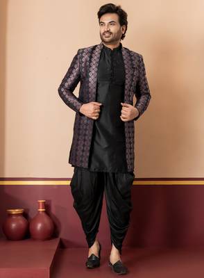sherwani silk blend black kurta dhoti set for men with embroidered work 2