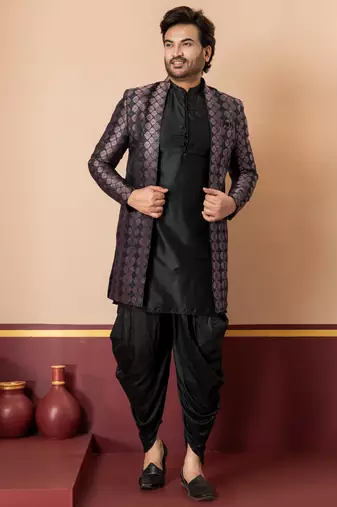 sherwani silk blend black kurta dhoti set for men with embroidered work