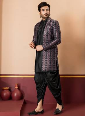 sherwani silk blend black kurta dhoti set for men with embroidered work 3