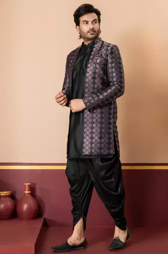 sherwani silk blend black kurta dhoti set for men with embroidered work