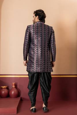 sherwani silk blend black kurta dhoti set for men with embroidered work 4