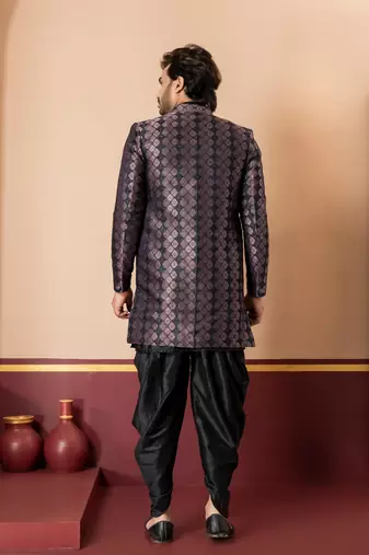 sherwani silk blend black kurta dhoti set for men with embroidered work