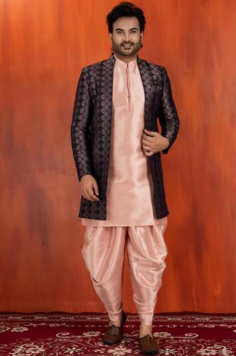 black sherwani silk blend pink kurta dhoti set for men with embroidered work