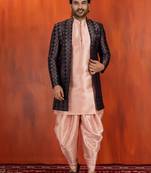 black sherwani silk blend pink kurta dhoti set for men with embroidered work