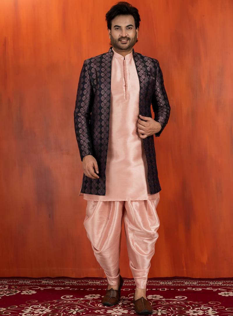 black sherwani silk blend pink kurta dhoti set for men with embroidered work