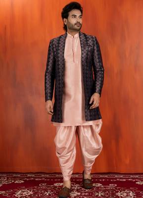 black sherwani silk blend pink kurta dhoti set for men with embroidered work 2