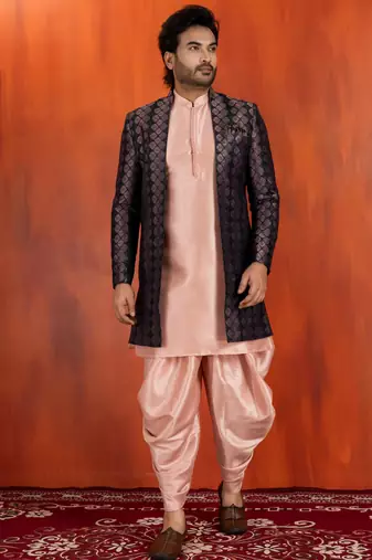 black sherwani silk blend pink kurta dhoti set for men with embroidered work