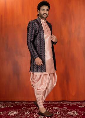 black sherwani silk blend pink kurta dhoti set for men with embroidered work 3