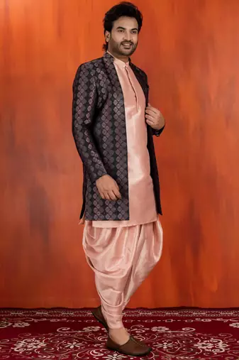 black sherwani silk blend pink kurta dhoti set for men with embroidered work