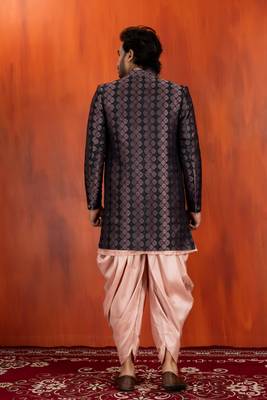 black sherwani silk blend pink kurta dhoti set for men with embroidered work 4