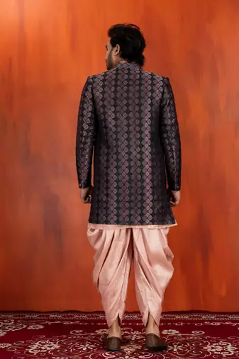 black sherwani silk blend pink kurta dhoti set for men with embroidered work