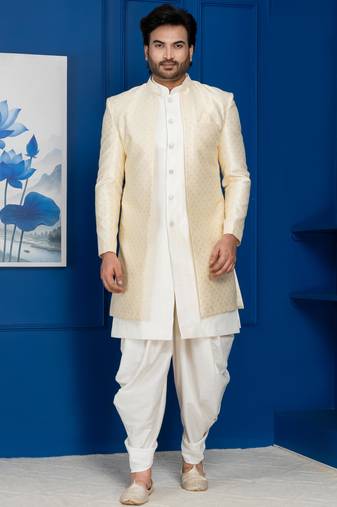 Gold jacquard blend indo western and dhoti set for men with embroidered work