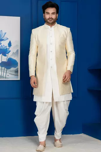Gold jacquard blend indo western and dhoti set for men with embroidered work