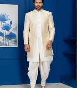 Gold jacquard blend indo western and dhoti set for men with embroidered work