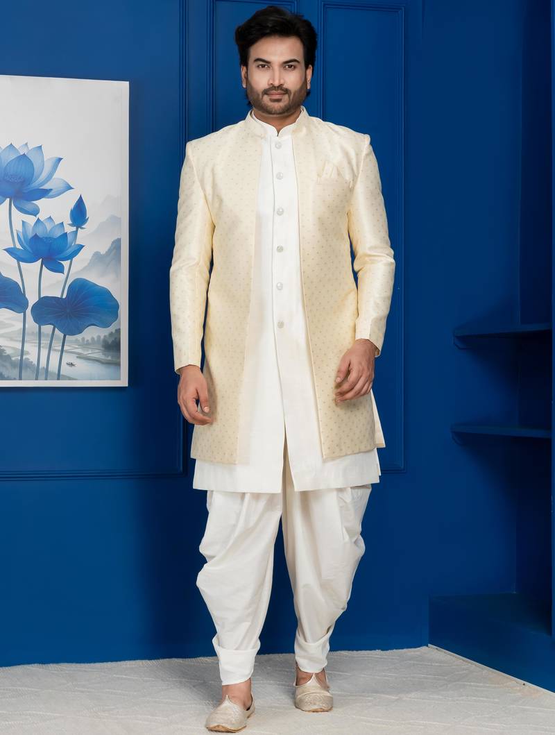 Gold jacquard blend indo western and dhoti set for men with embroidered work