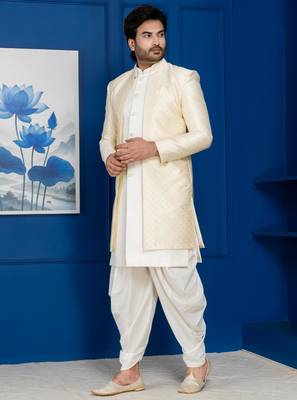 Gold jacquard blend indo western and dhoti set for men with embroidered work 2