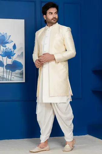 Gold jacquard blend indo western and dhoti set for men with embroidered work