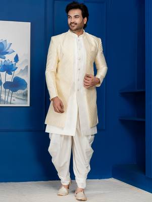 Gold jacquard blend indo western and dhoti set for men with embroidered work 3