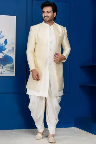 Gold jacquard blend indo western and dhoti set for men with embroidered work
