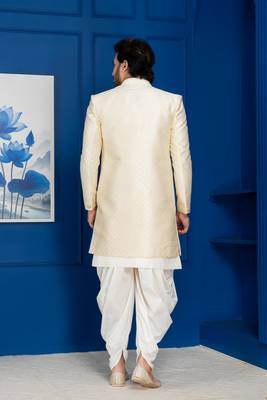 Gold jacquard blend indo western and dhoti set for men with embroidered work 4