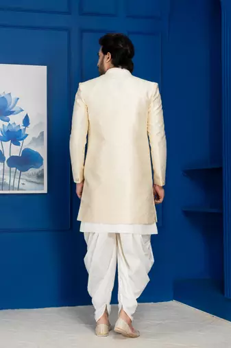 Gold jacquard blend indo western and dhoti set for men with embroidered work