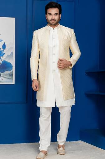 Gold jacquard blend indo western sherwani and pyjama set for men with embroidered work