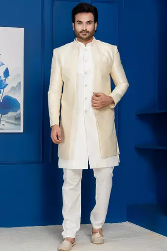Gold jacquard blend indo western sherwani and pyjama set for men with embroidered work