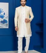 Gold jacquard blend indo western sherwani and pyjama set for men with embroidered work