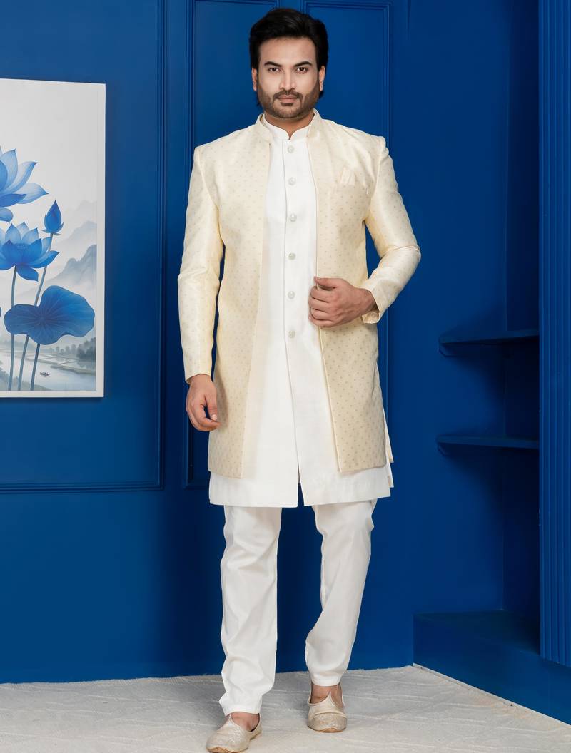 Gold jacquard blend indo western sherwani and pyjama set for men with embroidered work