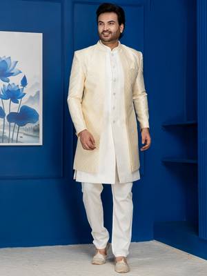 Gold jacquard blend indo western sherwani and pyjama set for men with embroidered work 2