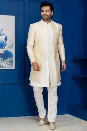 Gold jacquard blend indo western sherwani and pyjama set for men with embroidered work