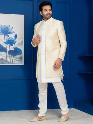 Gold jacquard blend indo western sherwani and pyjama set for men with embroidered work 3