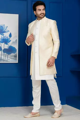 Gold jacquard blend indo western sherwani and pyjama set for men with embroidered work