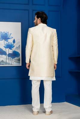 Gold jacquard blend indo western sherwani and pyjama set for men with embroidered work 4