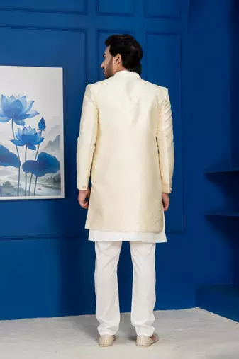 Gold jacquard blend indo western sherwani and pyjama set for men with embroidered work