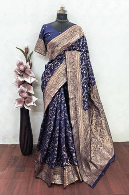 Blue art silk blend banarasi jacuard work saree with unstitched blouse piece 6