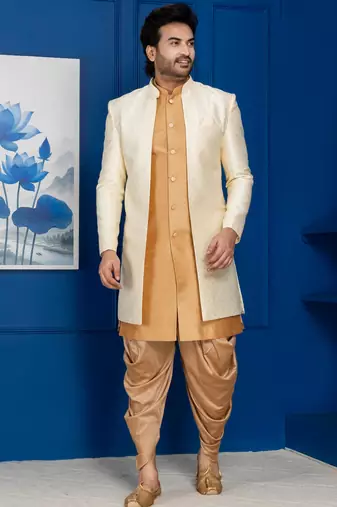 Gold jacquard blend indo western and dhoti set for men with embroidered work