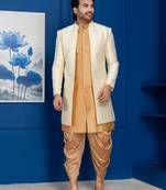 Gold jacquard blend indo western and dhoti set for men with embroidered work