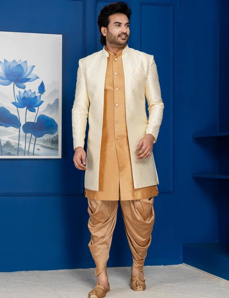 Gold jacquard blend indo western and dhoti set for men with embroidered work