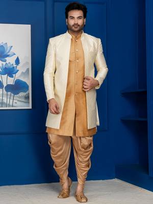 Gold jacquard blend indo western and dhoti set for men with embroidered work 2