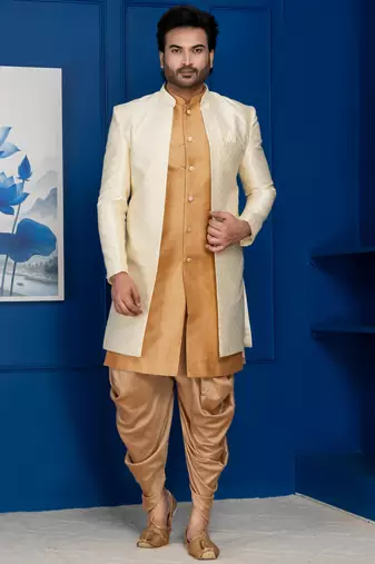 Gold jacquard blend indo western and dhoti set for men with embroidered work