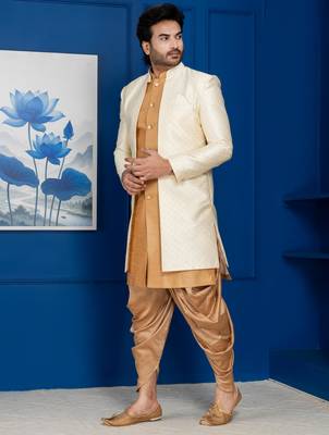 Gold jacquard blend indo western and dhoti set for men with embroidered work 3